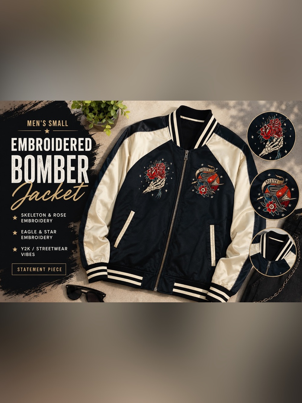 Men’s S Green & Cream Embroidered Skeleton Eagle Bomber Jacket | Y2K Streetwear